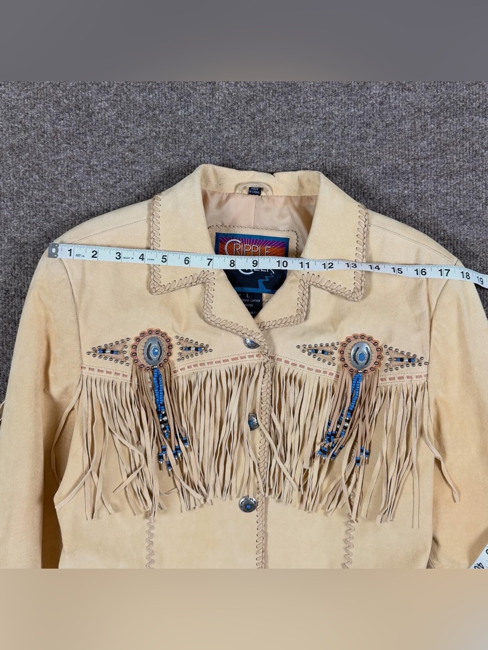 Cripple Creek Tan Suede Leather Fringe Western Jacket Womens L Beaded Medallions - Picture 13 of 15